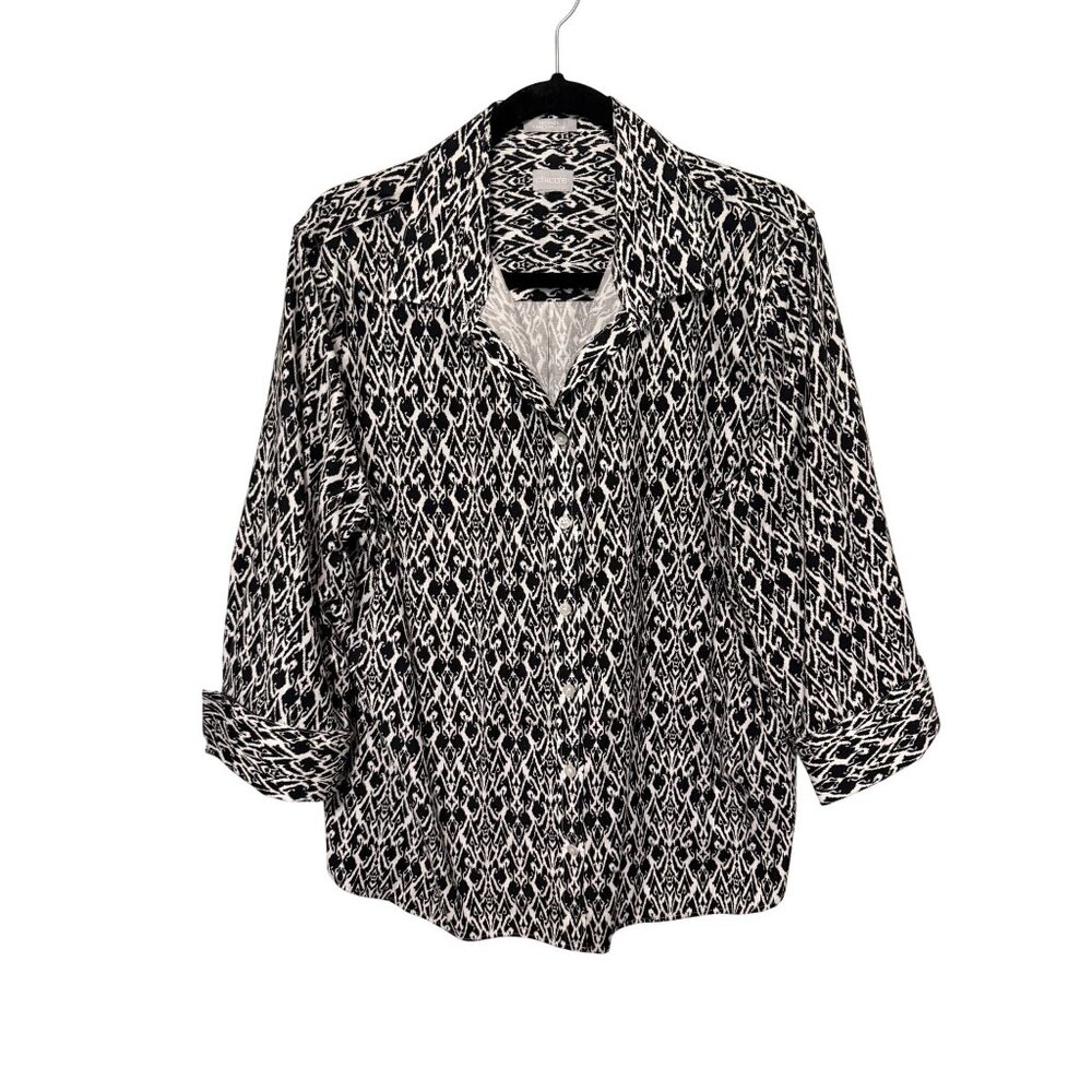 Chico's Button Front Shirt Black White Geometric 3/4 Sleeve Womans 2 (L)